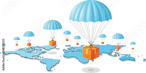 Illustration of gifts parachuting down onto a world map with blue parachutes and orange packages against a white background.