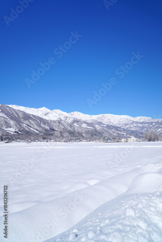雪景色の白馬村と北アルプス