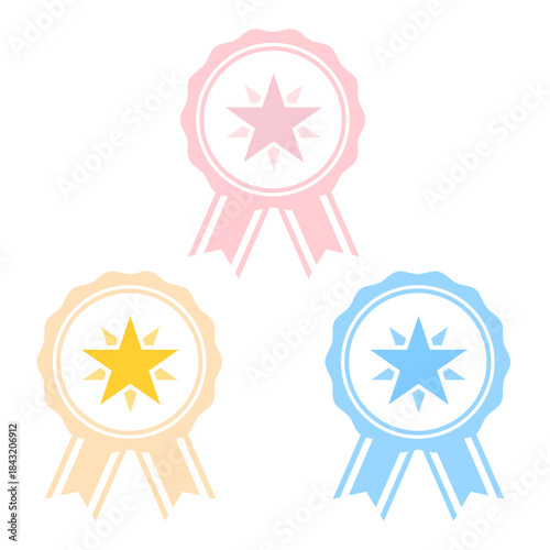 パステルピンク・黄色・水色の3色で描かれた星のマーク入り、リボン付きメダルのアイコンセット、ランキングや受賞記念の装飾用ベクターイラスト