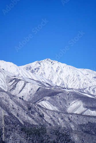 雪景色の白馬村と北アルプス