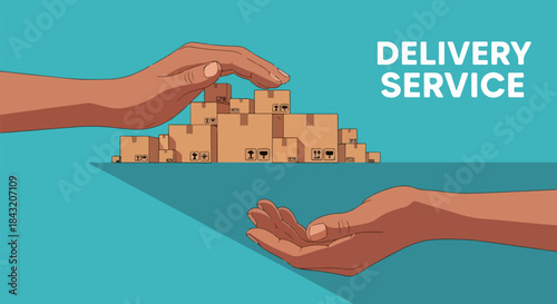 Illustration of two hands exchanging cardboard boxes on a teal background with the words 'DELIVERY SERVICE' in the corner.