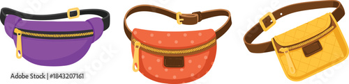 Three Colorful Fanny Packs with Zippers and Straps Keywords: fanny pack, waist bag, bum bag, hip