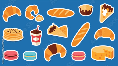Kawaii French food sticker collection showcasing croissants, macarons, crepes, baguettes, and cheese icons, modern flat vector style, ideal for bakery and café-themed designs