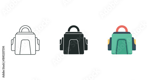Three different backpack icons in various colors and styles