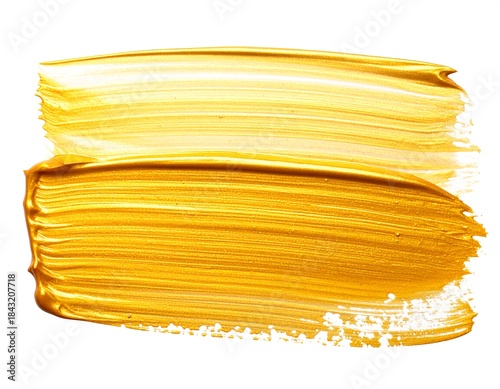 Close-up of two parallel brushstrokes in shades of gold paint on a white backdrop