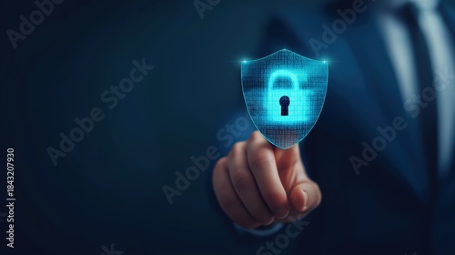 Cyber security shield with open padlock icon on blue background man touching digital screen for data protection and network safety concepts