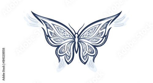 Intricate blue and silver Celtic knot butterfly design with wispy ethereal trails.