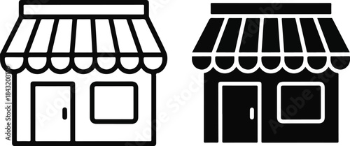 Black and white illustration of two storefront icons with awnings and doors on a clean white background.