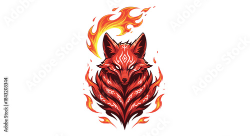 Fiery fox illustration with flames and intricate markings on white background.