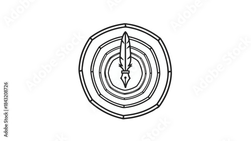 Elegant quill pen emblem with concentric circles on white background, symbolizing writing and tradition.
