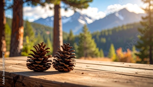 Close-up of two pinecones on a wooden table, mountains in background