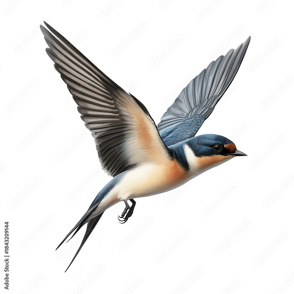 Obraz premium A beautifully detailed illustration of a swallow in mid-flight. its plumage against a clean white background. perfect for nature-themed projects or educational materials