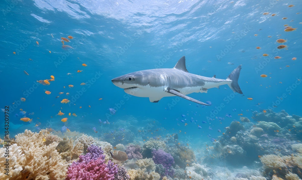 Fototapeta premium a large white shark in the center facing the camera, front top view, colorful coral reefs, many tropical fish