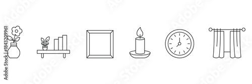 Home and decor outline icon set. Interior design icon set for home. Essential household and furniture minimalist icons.