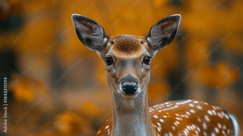 Obraz premium A close-up portrait of a young deer with spotted fur, gazing directly at the camera against a soft autumnal forest backdrop.