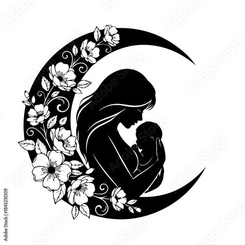 Mother and Child Silhouette Embraced by Floral Crescent Moon