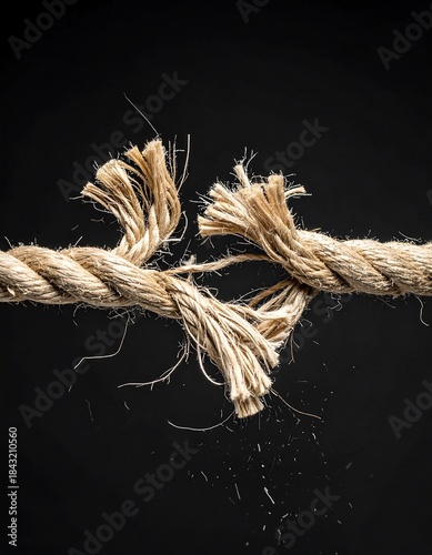 Close-up of frayed, broken rope against a stark black backdrop. Coarse texture visible