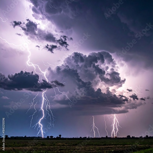 Dramatic view of lightning strikes in stormy, cloudy evening sky