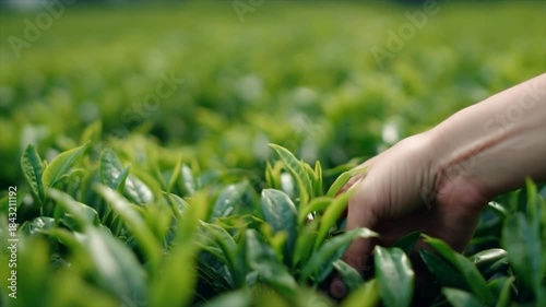 a close-up shot of the hand touching green tea leaves in an endless field