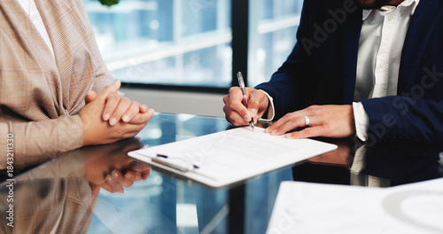 Hands, clipboard and people with contract, signature and agreement with onboarding. Meeting, employees and candidate in office, paperwork and pen with legal document, compliance and application