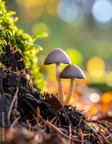 Close-up of two small mushrooms growing from a tree trunk, with vibrant fall foliage
