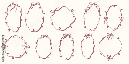 Whimsical coquette hand drawn frames with pretty pink lines ribbons and hearts. Vintage retro inspired border set perfect for card wedding or bachelorette invitation.