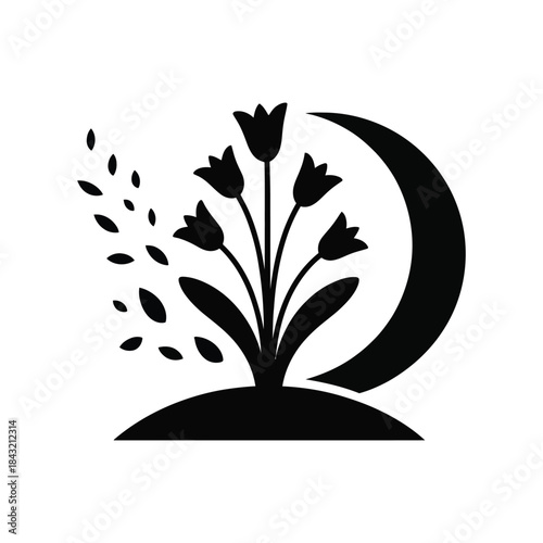 Silhouette of blooming flowers on ground next to crescent shape vector illustration showing nocturnal garden and plant growth concept.