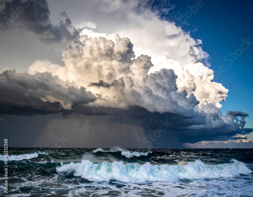 Dramatic view of ocean with churning waves and foreboding storm clouds overhead