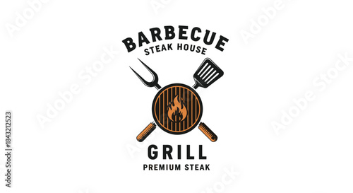 Vintage barbecue steak house logo with a flaming grill and crossed cooking utensils perfect for a restaurant or food brand.