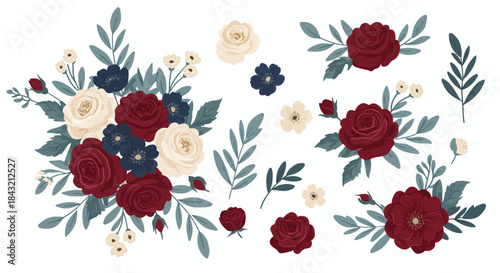 A collection of elegant floral arrangements and individual elements featuring deep red, cream, and dark blue flowers with muted green leaves.