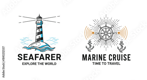 Nautical and marine themed logo set featuring a lighthouse on the waves and a ship's wheel with anchors for travel brands.