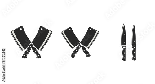 Monochrome icon set of crossed butcher cleavers and kitchen knives, perfect for a butcher shop, restaurant, or culinary logo.