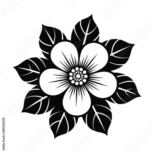 Beautiful stylized black flower icon with petals and central ornament graphic illustration natural blooming vector isolated symbol