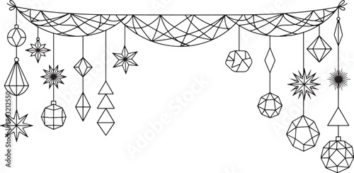 
Winter holiday garland border with hanging geometric ornaments, stars and baubles, festive decoration frame in black and white line art style