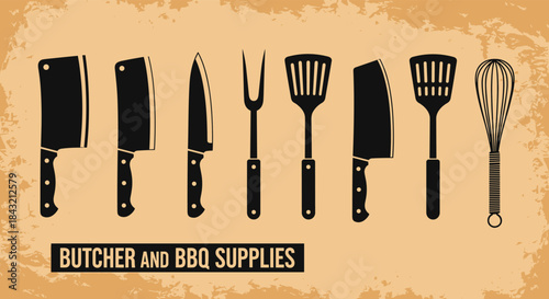 Collection of butcher and barbecue supply silhouettes on a textured background, including knives, cleavers, and cooking utensils.