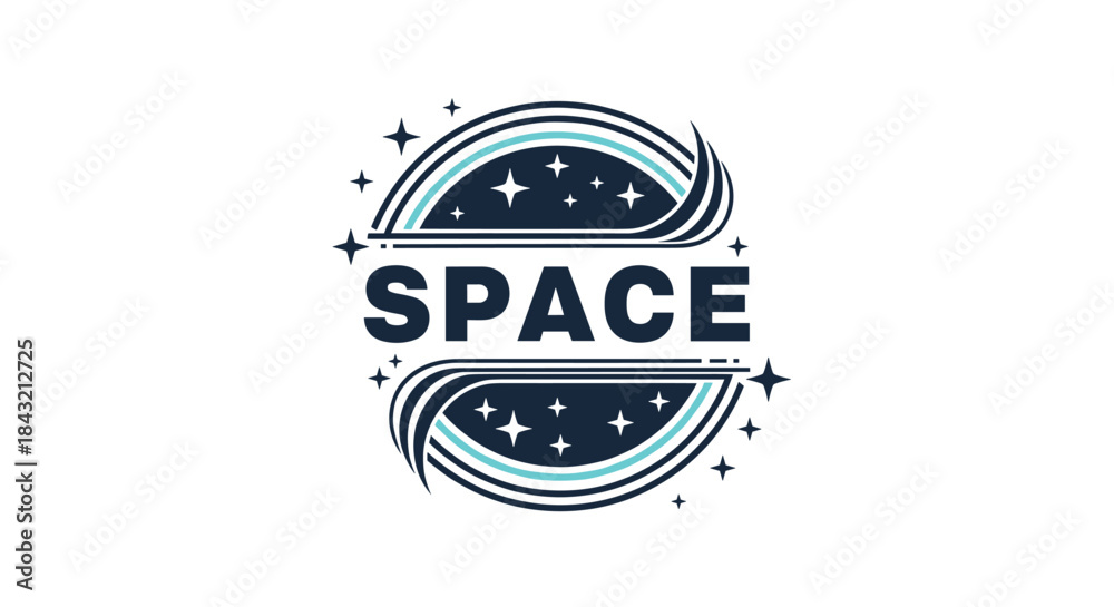Obraz premium Modern space-themed logo design with swirling lines, stars, and bold typography creating a dynamic and futuristic emblem.