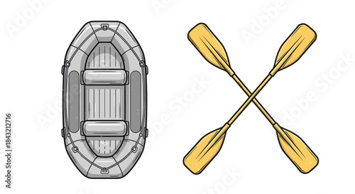 Vintage-style illustrations of rafting equipment, including a top-down view of an inflatable boat and two crossed paddles.