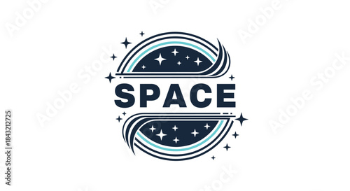 Modern space-themed logo design with swirling lines, stars, and bold typography creating a dynamic and futuristic emblem.