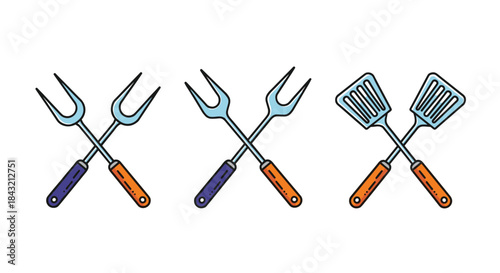 A set of colorful cartoon icons featuring crossed barbecue forks and spatulas, perfect for a summer cookout or grill party.