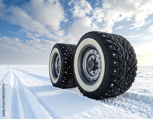 Close-up of two studded tires on a snowy surface against a bright, cloudy sky