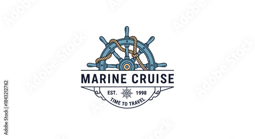 Vintage marine cruise logo featuring a detailed ship's wheel wrapped in rope, perfect for a travel or nautical-themed brand.