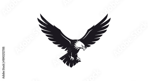 A powerful and bold monochrome silhouette of a flying eagle with its wings spread, ideal for a mascot or corporate logo.