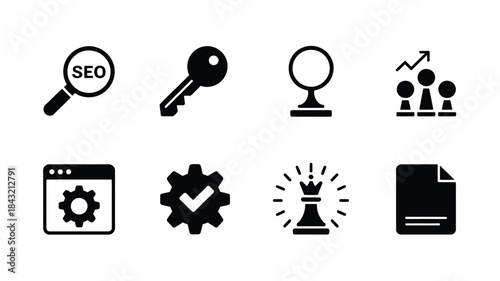 Comprehensive set of eight solid black vector icons representing core concepts of search engine optimization strategy business development and success goals