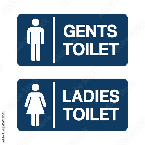 Gents and ladies toilet signs with male and female symbols and text on a rounded blue rectangular background