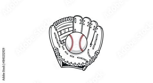 A classic black and white line art illustration of a baseball resting inside a detailed leather baseball glove or mitt.