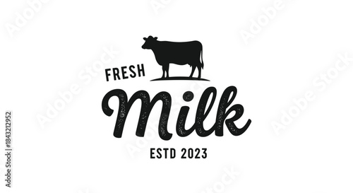 A vintage-style logo for fresh milk, featuring a cow silhouette and textured script typography, established in the year 2023.