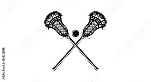 A detailed, vintage-style monochrome illustration of two crossed lacrosse sticks with a ball, perfect for a team or league logo.