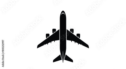 A clean and simple black silhouette of a large passenger airplane as viewed from directly above, isolated on white background.