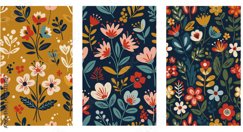 Decorative set of three botanical seamless patterns featuring colorful stylized flowers and foliage.