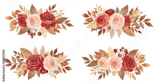 Four watercolor floral arrangements featuring red and peach roses with autumn leaves and berries, perfect for fall designs and invitations.